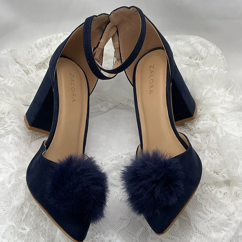 Zalore Women’s Sz6.5 Navy Blue Pointed-Toe Featuring Pom-Poms Women's Heels 0205